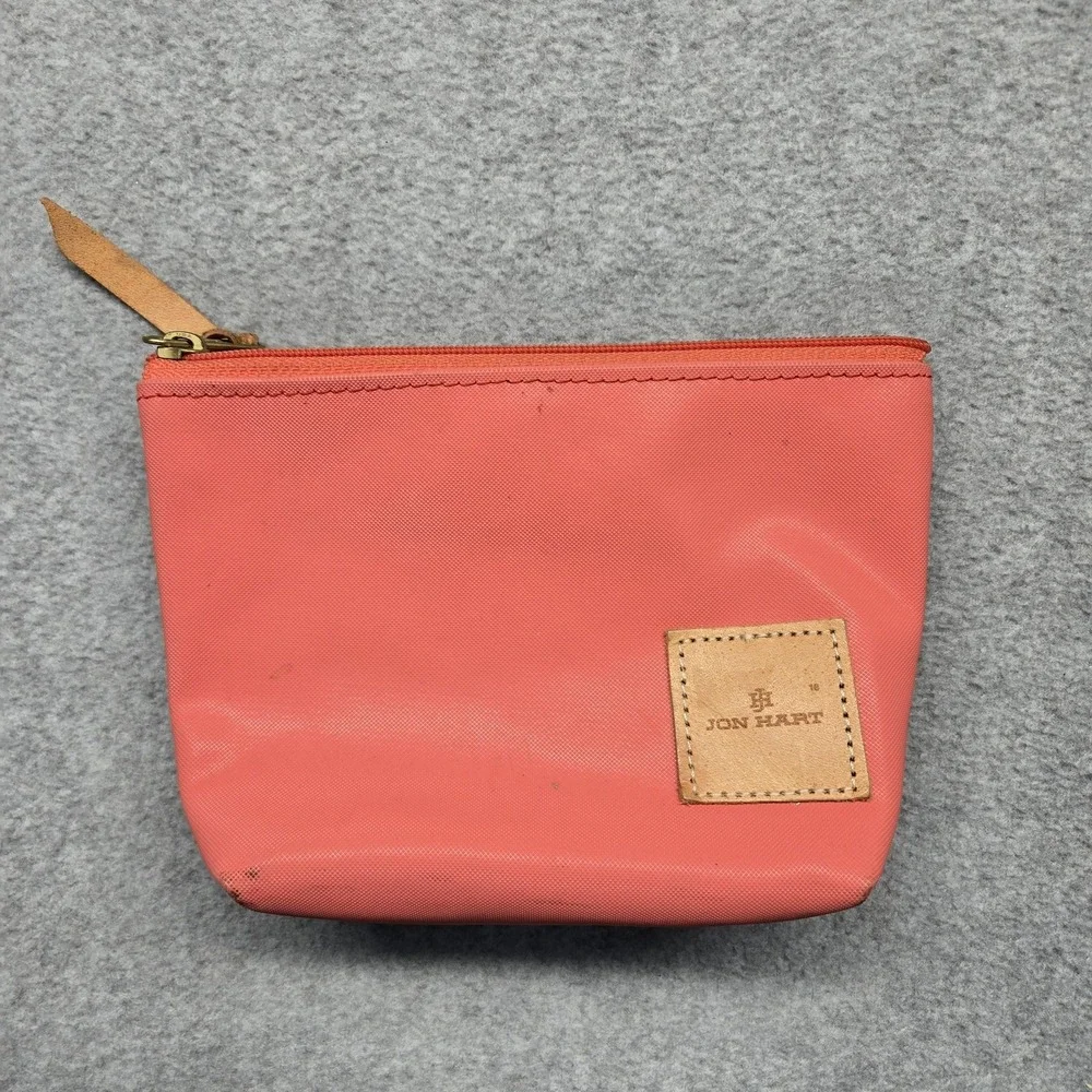 Jon Hart Clutch Womens Small Pink Canvas Leather Zip Cosmetic Pouch Monogram E